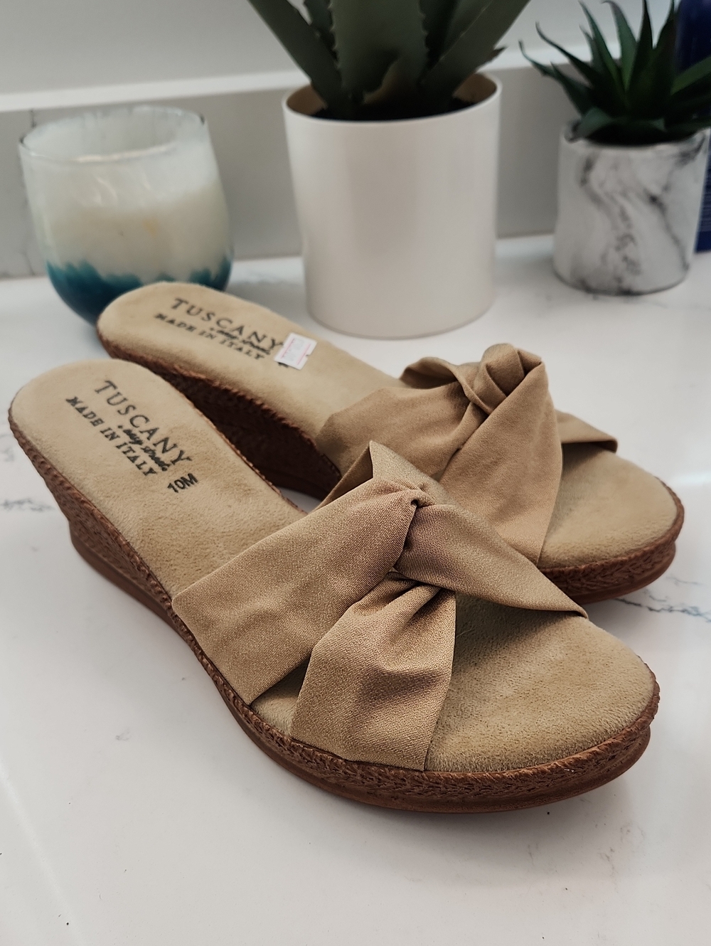 🇮🇹Tuscanini Tan Knot Wedge Slide Sandals Size 10M NWT  Made In Italy